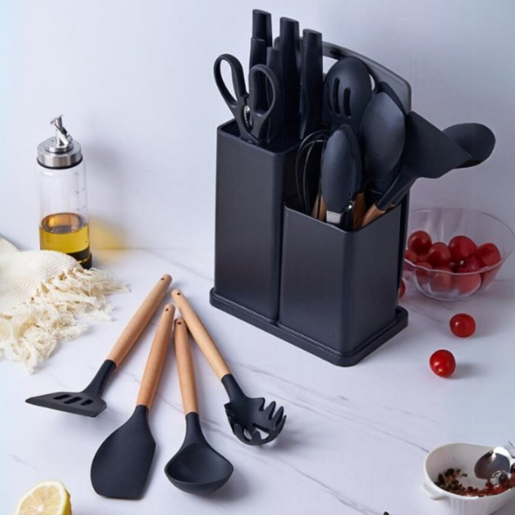 Kit Completo Jogo Utensílios de Cozinha Luxo 19 Peças Com Tábua em Silicone Espátula Faca Tesoura