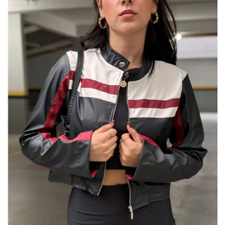 jaqueta feminina tendência bikecore de courino Premium outono inverno cropped bicolor com ziper