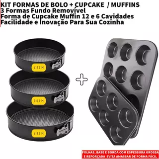 Kit Formas Fundo Removível Antiaderente Bolos + Forma de Cupcake Muffin 12 e 6 Cavidades Teflon Top