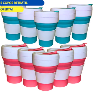 5 Copos de Silicone Retrátil Sortido Dobrável com Anel Reutilizável Ecológico Tampa Higiênico 350ml