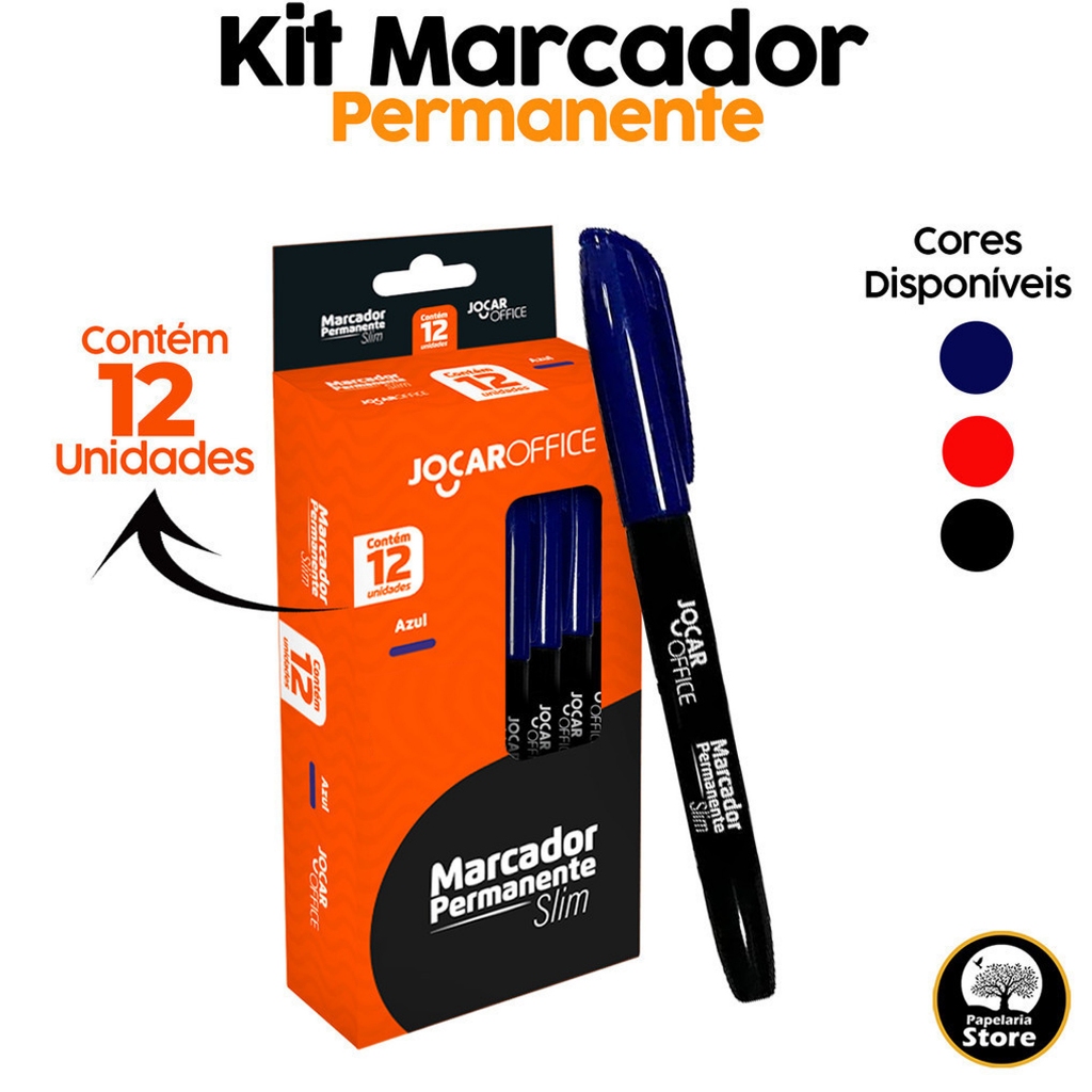 Kit Caixa De Marcadores Permanente Preto / Azul / Vermelho Slim Com 12 Unidades