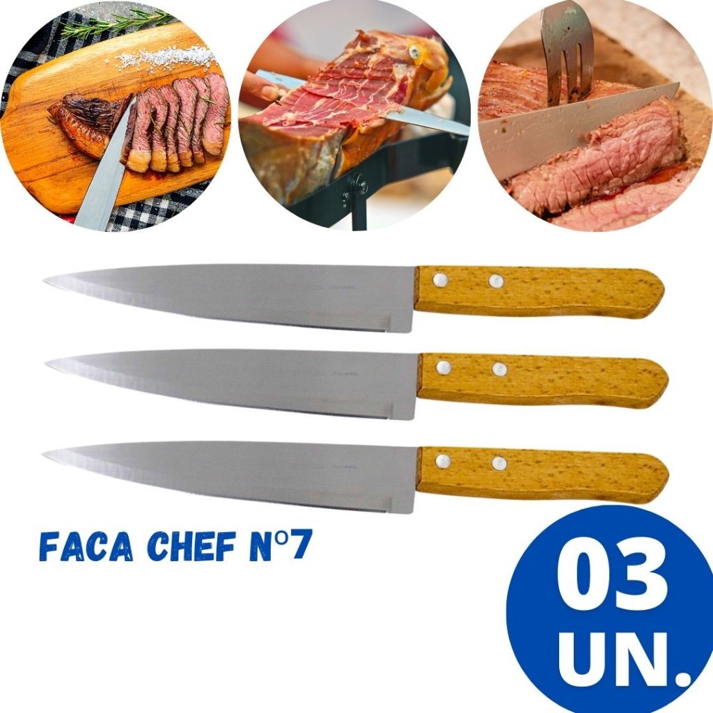 Kit 03 Faca Inox Chef 7 Cabo de Madeira Linha Profissional Cozinha ...