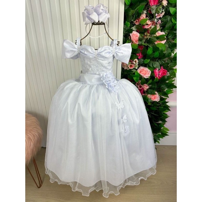 Vestido daminha de honra branco longo luxo batizado daminha com glitter ...