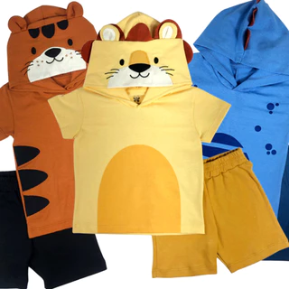 Conjunto infantil fantasia camiseta manga curta com capuz bordado divertido animais e shorts liso