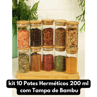Kit 10 Potes de Vidro Hermetico 200 ml comTampa de Bambu Porta Tempero