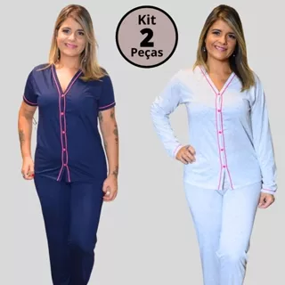 Kit 2 Pijamas Amamentação Longo feminino Inverno Botões Malha Premiun(1 Meia Manga + 1 Manga Longa)