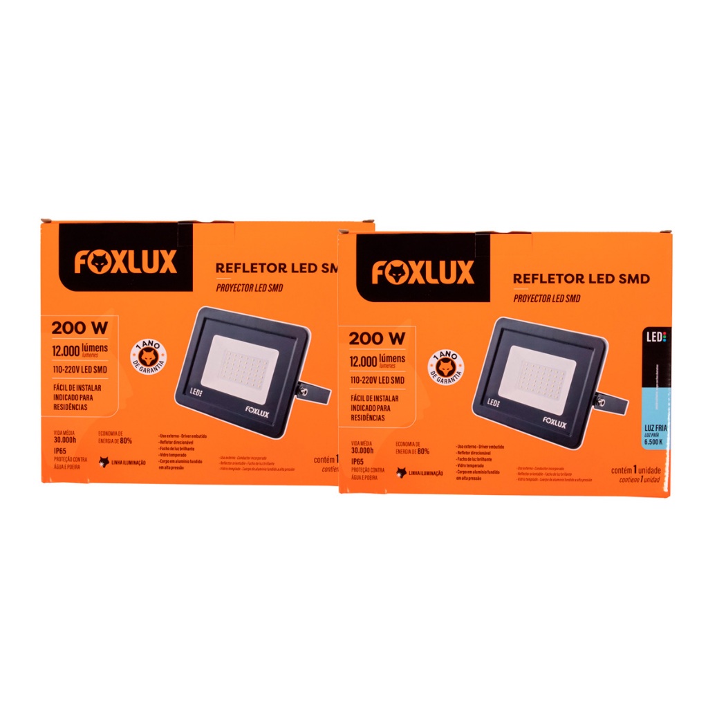 Kit 2 Refletor LED Foxlux 200W 6500K Bivolt IP65 Luz Fria Para Fachadas ...