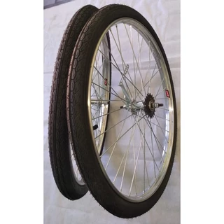 RODAS MONTADAS DE BICICLETAS - D/T - 26 X 1.1/2 - AROS DE ALUMÍNIO POLIDOS - PASSEIO/VARÃO - CUBOS AÇO DE FREIO CONTRA PEDAL - 36F.RAIOS GROSSOS - COM PNEUS