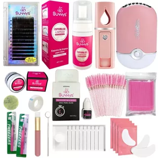 Kit Extensão Cílios Removedor Cola Espuma Sunnys Ventilador e Nano Mister USB Pinça Vetus
