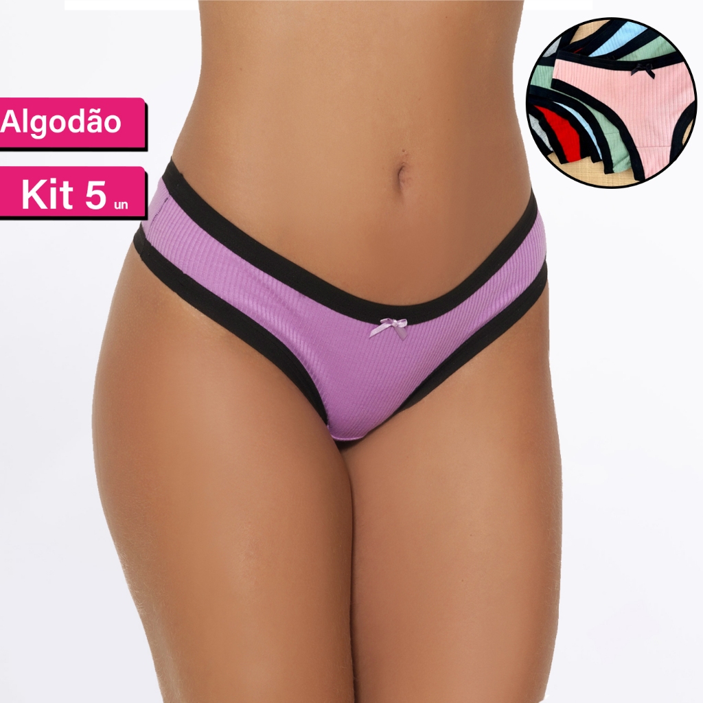 Kit 5 - Calcinha Fio Algodão Malha Canelada Moda Íntima Feminina confortavel dia a dia