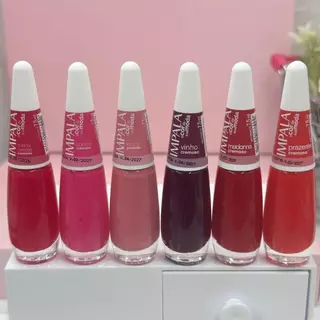 Kit 6 esmaltes Impala Vermelhos e Rosas (Confeti, Lenny, M.Cereja, Prazeres, Madonna, Vinho)