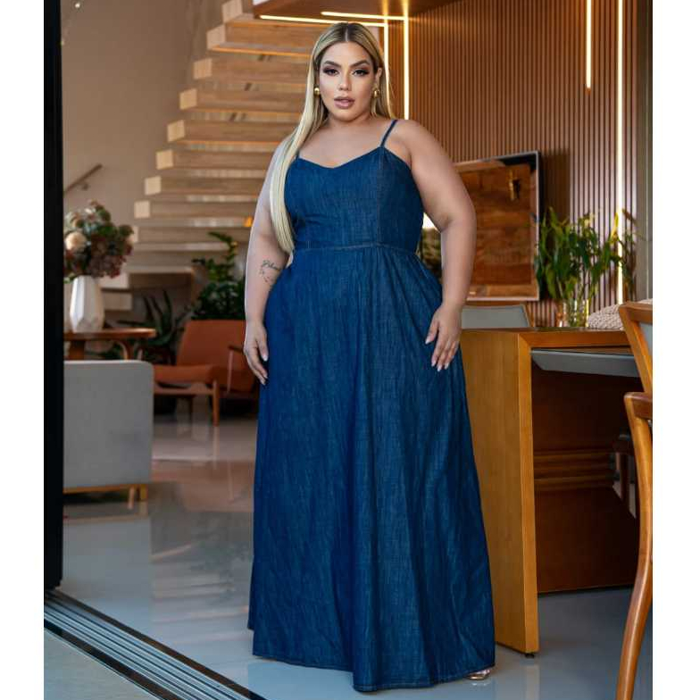 Vestido Jeans Longo Plus Size, com alça ajustável, elegante casual ...