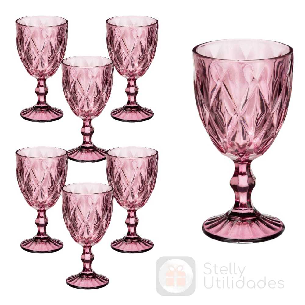 Jogo 6 Taça Diamante Copo Vidro Rosa 340ml