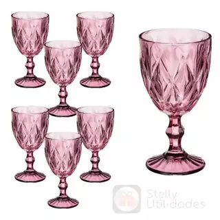 Jogo 6 Taça Diamante Copo Vidro Rosa 340ml