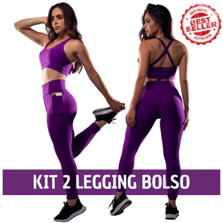 Kit 2 Calça Legging Fitness Feminina com Bolsos Laterais Zero Transparência Cós Largo e Cintura Alta