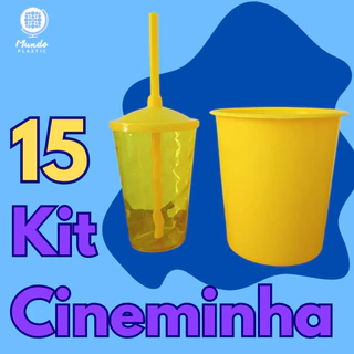 15 Kit Cinema Pipoca com 1 copo twister 400ml + 1 balde 1l lembrancinha de festa criança prática colorida