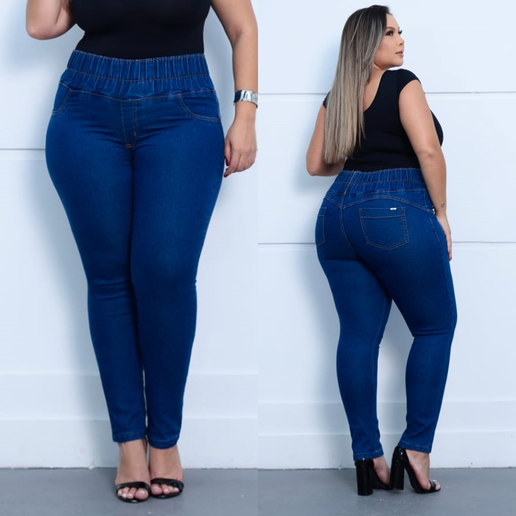 Calça fashion jeans plus size com elastico na cintura