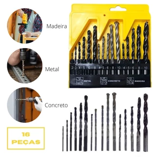 Jogo De Brocas 16 Peças C/ Estojo Madeira Ferro Concreto Metal Videa Aço Para Furadeira Parafusadeira