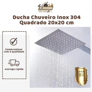 Ducha Chuveiro Inox 304 Quadrado 20x20 cm Com Braço 40cm