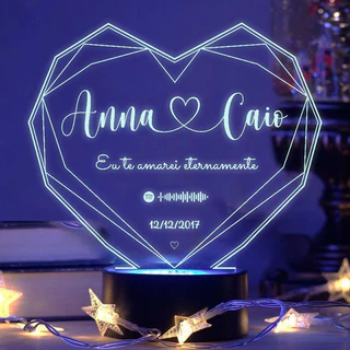 Luminária Coração 7 cores RGB Geométrico Nome do Casal - Presente, Decoração, Namorados, Iluminação