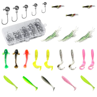 Mini Estojo com 15 Anzol Jig Head C/ Trava + 20 Iscas Soft Camarão, Peixe