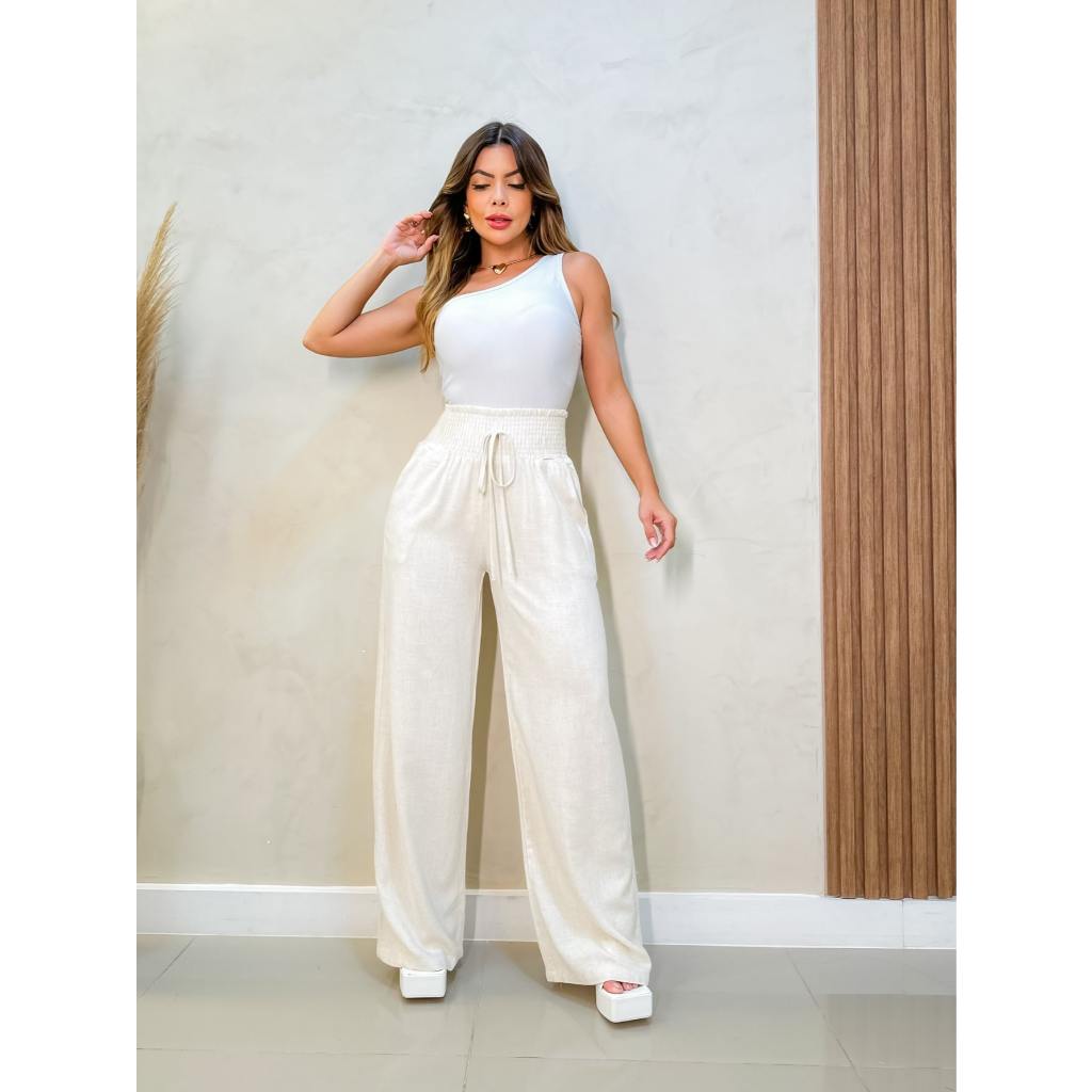Calça de linho com elástico G3210 Shopee Brasil