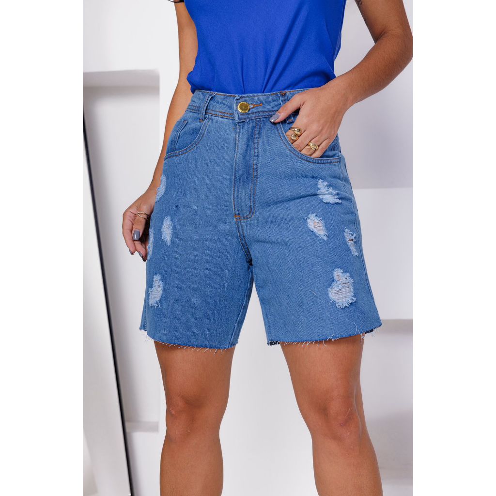 Bermuda Jeans Feminina Cintura Alta Estilosa com Rasgo Barra corte a ...