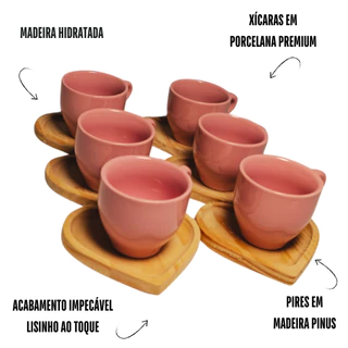 Kit Jogo 6 Xícaras de Café Em Porcelana Com Pires Coração Em Madeira Pinus