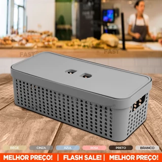 Cesto Organizador Rattan Retangular 3,6L Caixa C/ Tampa Plástico Resistente Organiza Gaveta Armário Cozinha Escritório Porta Objetos - ENVIO IMEDIATO