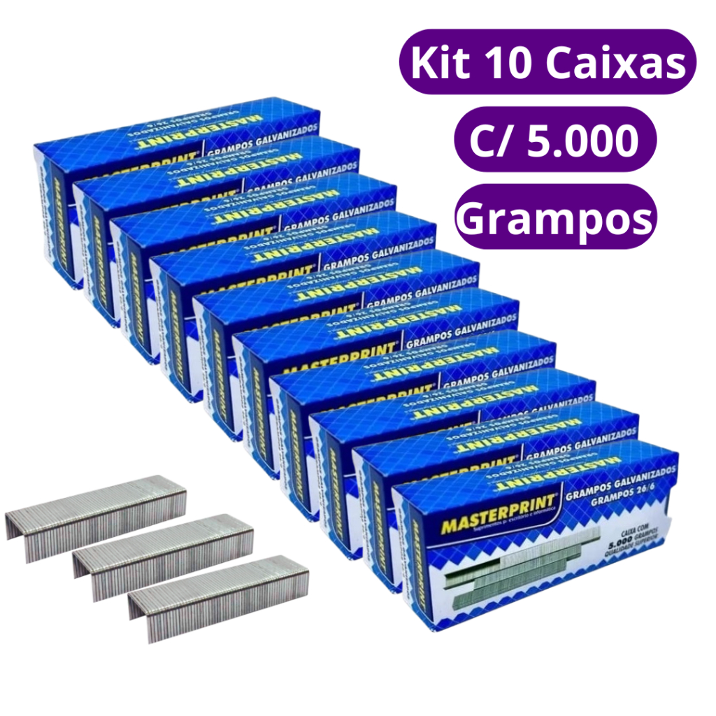 Kit 10 Caixas Grampos 26/6 Galvanizados C/5000 Unidades Metal para Grampeador Masterprint