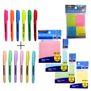 Kit 12 Caneta Marca Texto + 4 Blocos Adesivos Diversas Cores e 1 Bloco Adesivo Neon MASTERPRINT