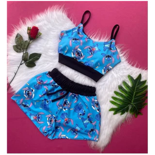 Conjunto 2 peças shorts + cropped anjo anjinho azul lilo & Stitch borboleta azul borboleta rosa xadrez preto lilo & Stitch e erva rosa com branco estilo moda asthetic moda