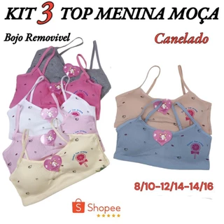 KIT 3 TOP DE ALCINHA MENINA MOÇA COM BOJO ,CANELADO