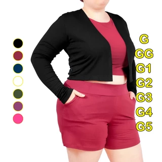 Cardigan Cropped Manga Longa Plus Size