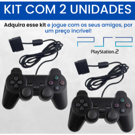 Kit 2 Controles Ps2 Joystick Com Fio Ergonômico Plug And Play Console Preto