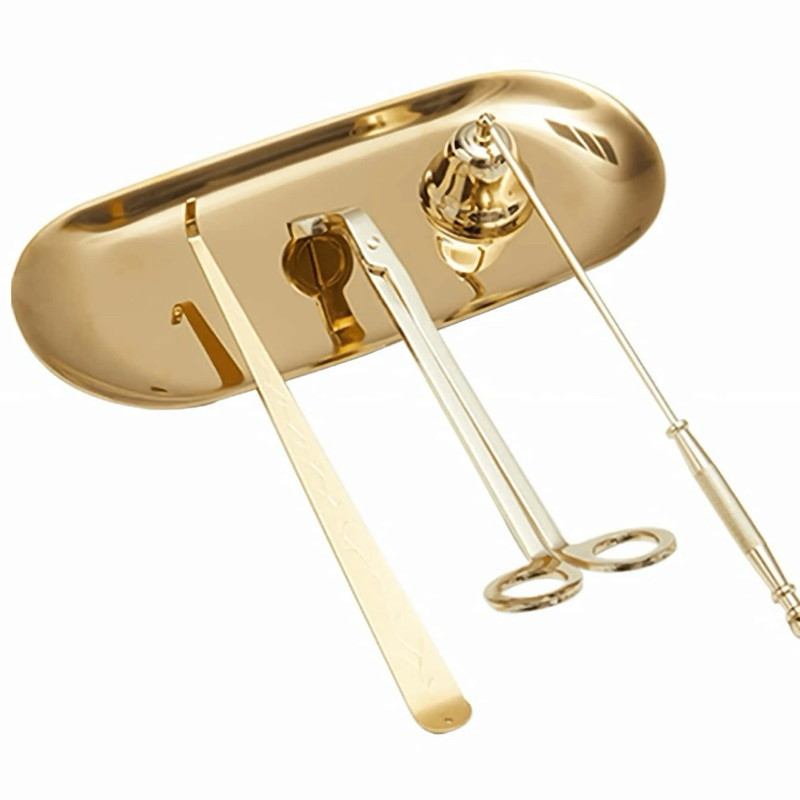Kit para velas dourado com bandeja, aparador, abafador e pegador/pinça - aço inoxidável.