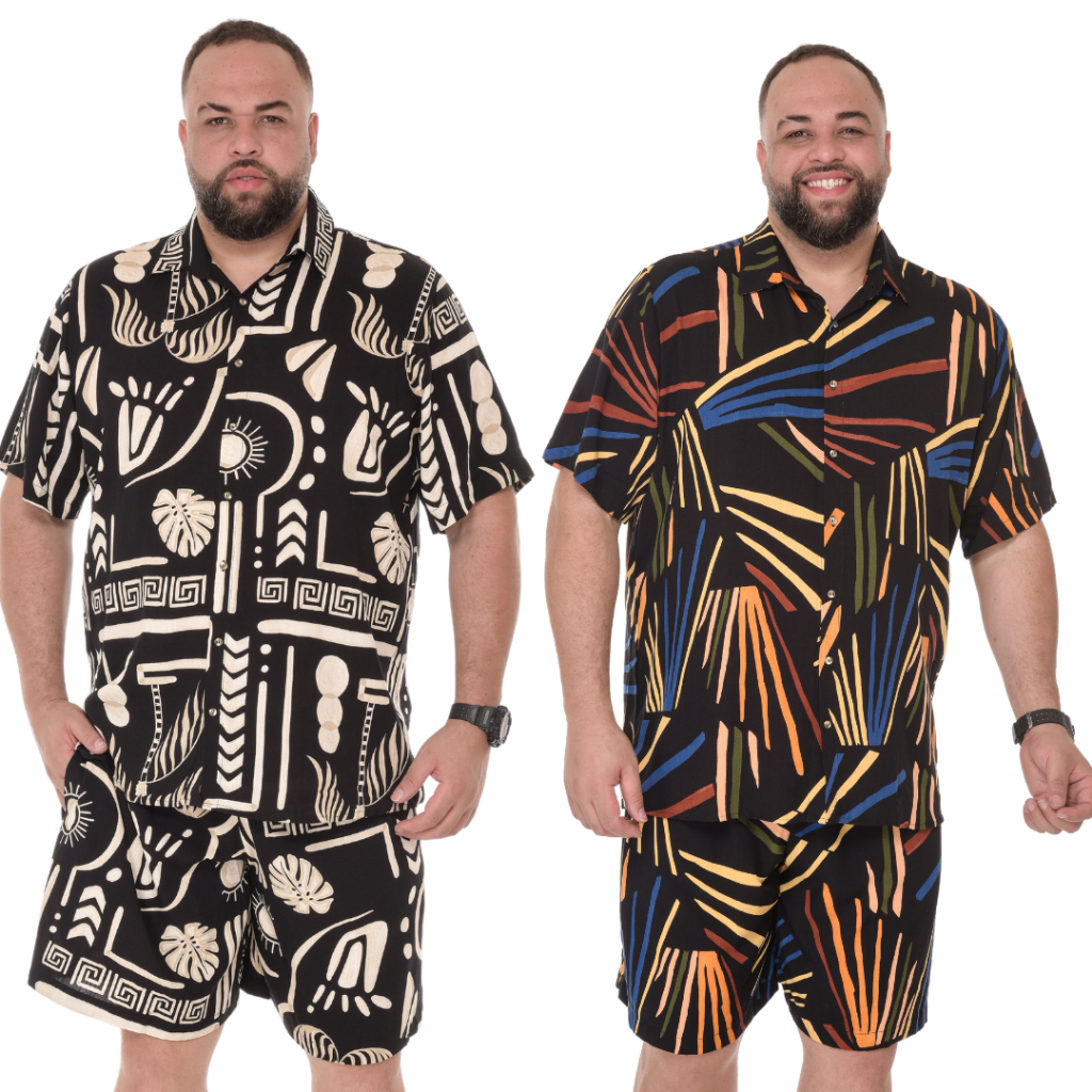 Men's Full Size Contrast Shots Sleeve Shirt and Shorts Set Plus Size