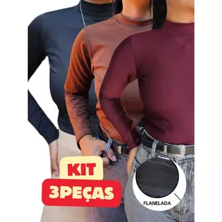 Kit 3 Blusas Manga Longa Gola Alta Suplex Flanelado Premium Segunda Pele Cacharrel Térmica