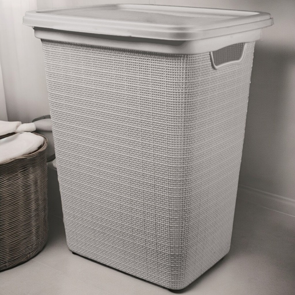 Cesto de Roupa Suja com Tampa 45 Litros Organizador em Plástico Cinza ...