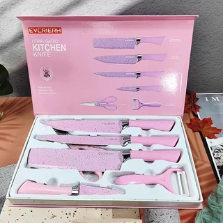 Jogo de 6 facas Original Rosa Preto ou Colorido Antiaderente Profissional De Cozinha Faqueiro Gourmet Grossa