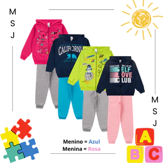 Combo 3 conjuntos de Moletom Jaqueta zíper + calça flanelada Menina e Menino Cores Sortida 1a16 anos