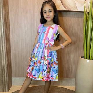 Vestido Menina Tema Borboletas Infantil Listrado Colorido Festa Aniversário