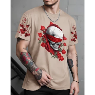 Camisa Masculina Skull Roses Manfinity Camiseta 100% Algodão