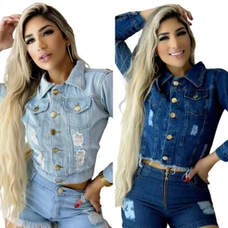 kit 2 Jaquetas Feminina Jeans Curta Com Mangas Comprida Jaqueta Luxo de Shopping