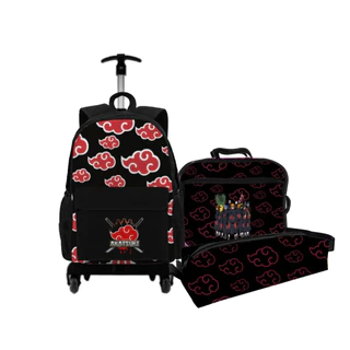 Kit Mochila Naruto Shippuden Akatsuki Com Rodinha + Estojo + Lancheira Térmica Bolsa Escolar Bag