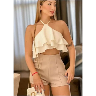 Cropped Feminino Babadinho duplo Moda Gringa com Amarração