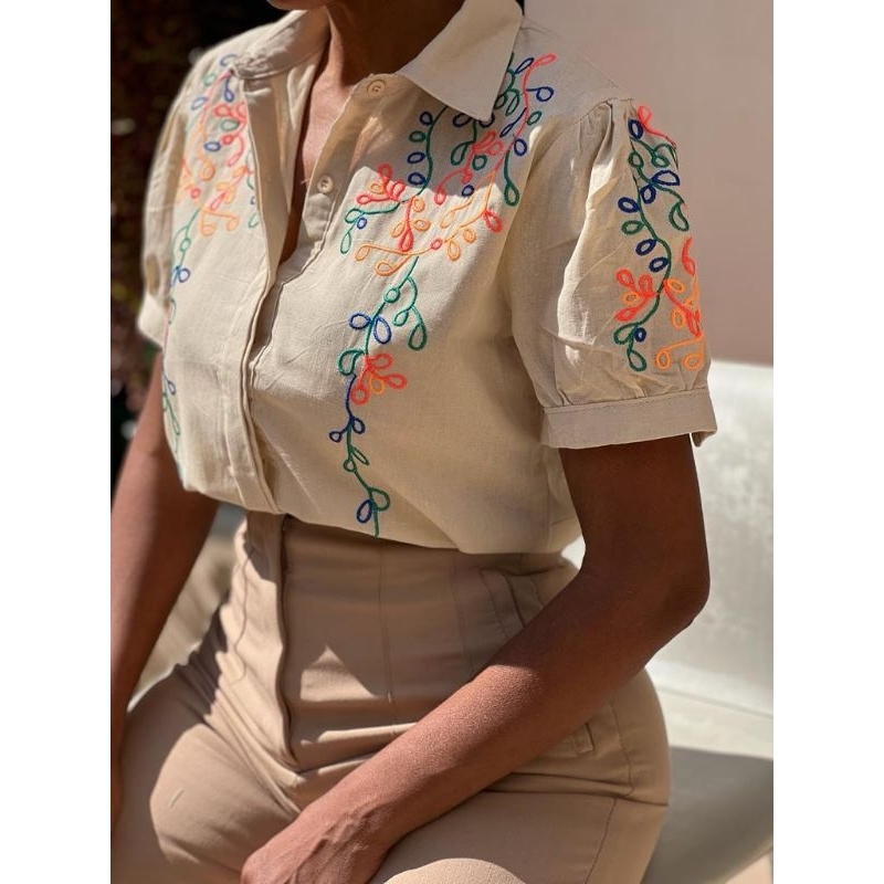 Camisa Social Feminina Bordada floral linho