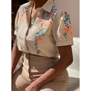 Camisa Social Feminina Bordada floral linho