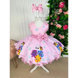 Vestido Infantil Temático Luxo Bolofofos Rosa Festa Aniversário