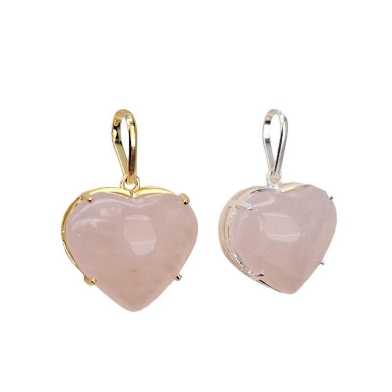 Pingente Coração De Quartzo Rosa Natural Tamanho 2,2 Cm Folheado